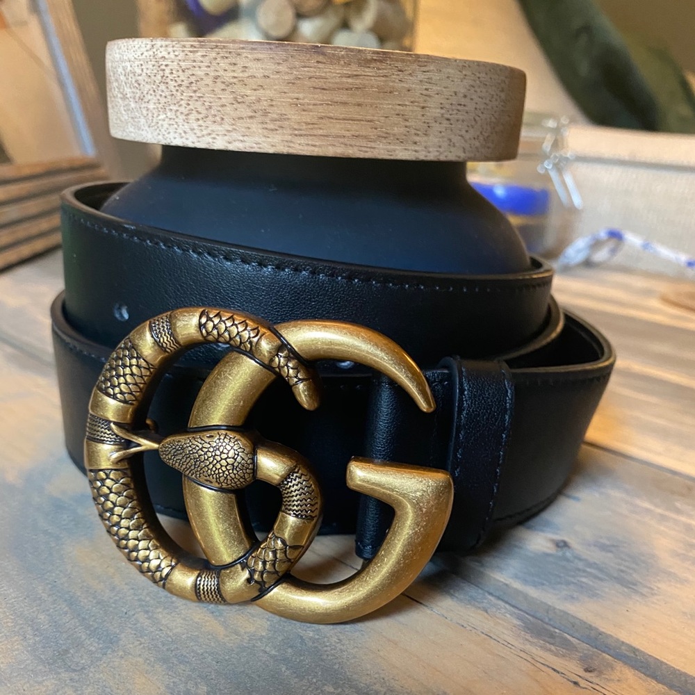 Leather belt with Double G buckle with snake